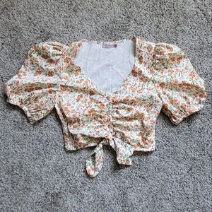 Floral Puff Sleeve Tie-Front Top